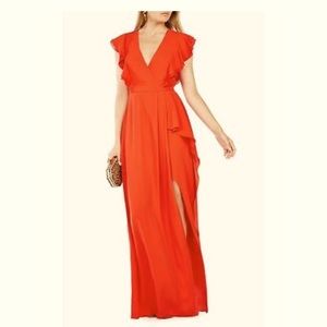 BCBG MAXAZRIA BRIGHT RED CALLIE RUFFLED GOWN